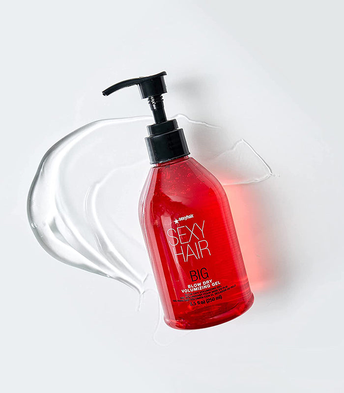 Red Big Blow Dry gel bottle with gel texture splash background