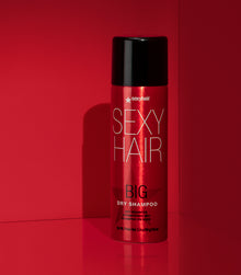 Big Dry Shampoo aerosol spray can on red background