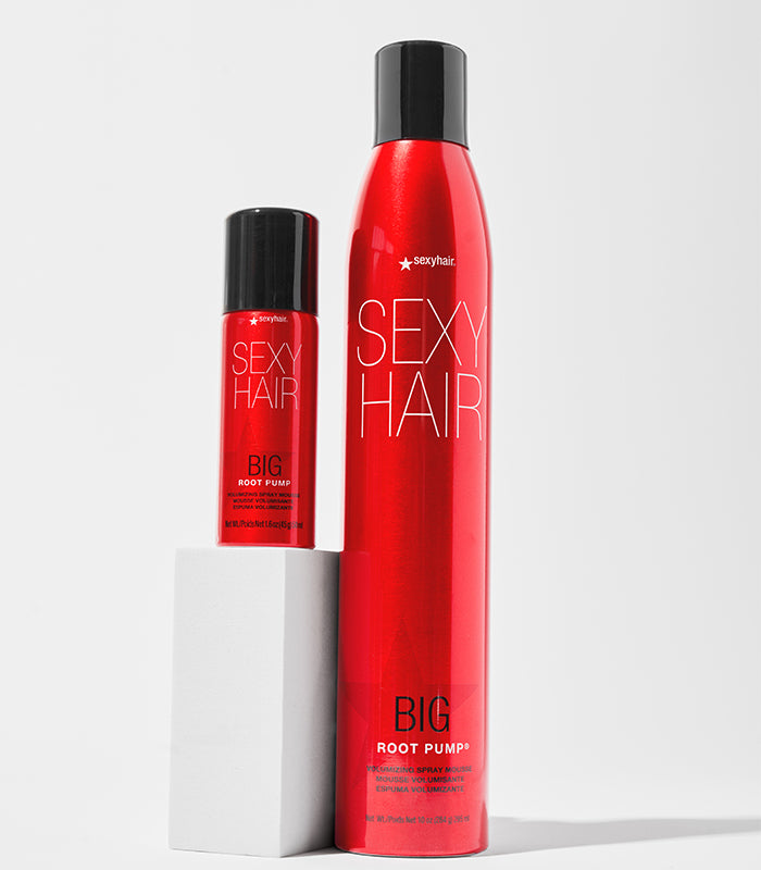 Big Root Pump regular and travel sizes on white pedestal