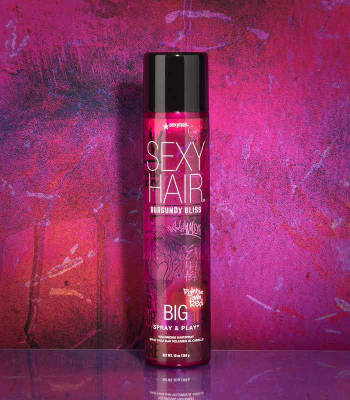 Big Spray & Play Burgundy Bliss hairspray on burgundy background