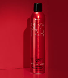 Big Spray & Play Harder firm hairspray on red background