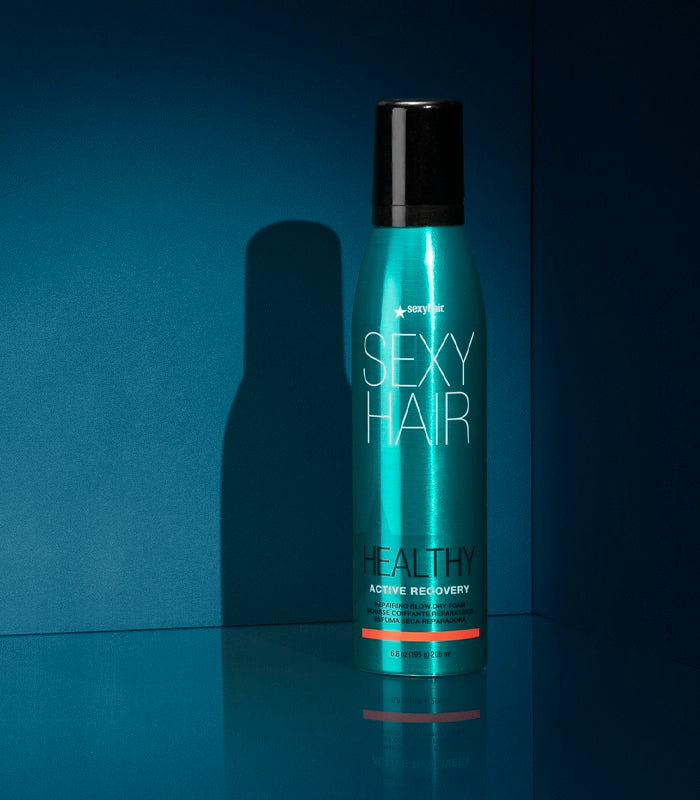 Healthy SexyHair Active Recovery blow dry foam can on teal background