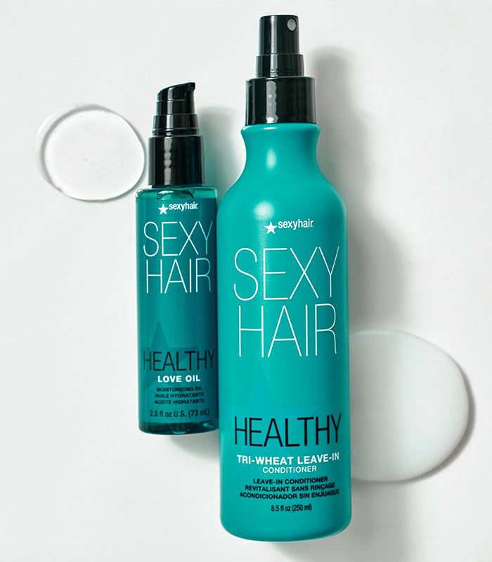 Healthy SexyHair Love Oil and Tri-Wheat Leave-In Conditioner bottles with product samples