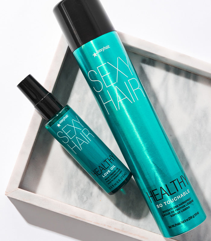 Healthy SexyHair Love Oil and So Touchable spray bottles in white tray