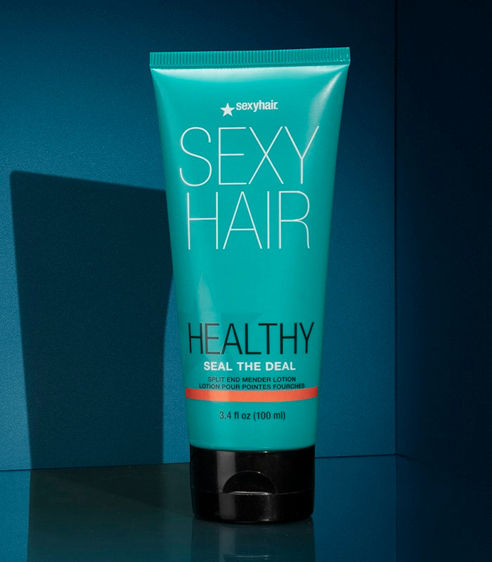 Healthy SexyHair Seal the Deal split-end mender lotion tube on teal background