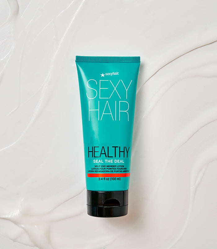 Healthy SexyHair Seal the Deal lotion tube on white textured background