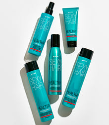 Multiple Healthy SexyHair products including Seal the Deal arranged on white background