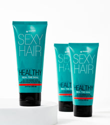 Healthy SexyHair Seal the Deal and other Healthy collection tubes on white pedestal