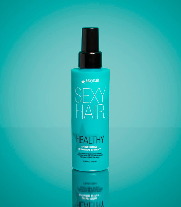 Healthy SexyHair Shine Show Blowout Spray bottle on teal background