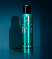Healthy SexyHair Smooth & Seal shine spray can on teal background