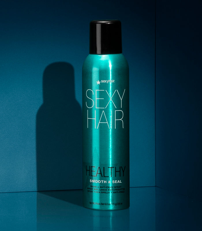 Healthy SexyHair Smooth & Seal shine spray can on teal background