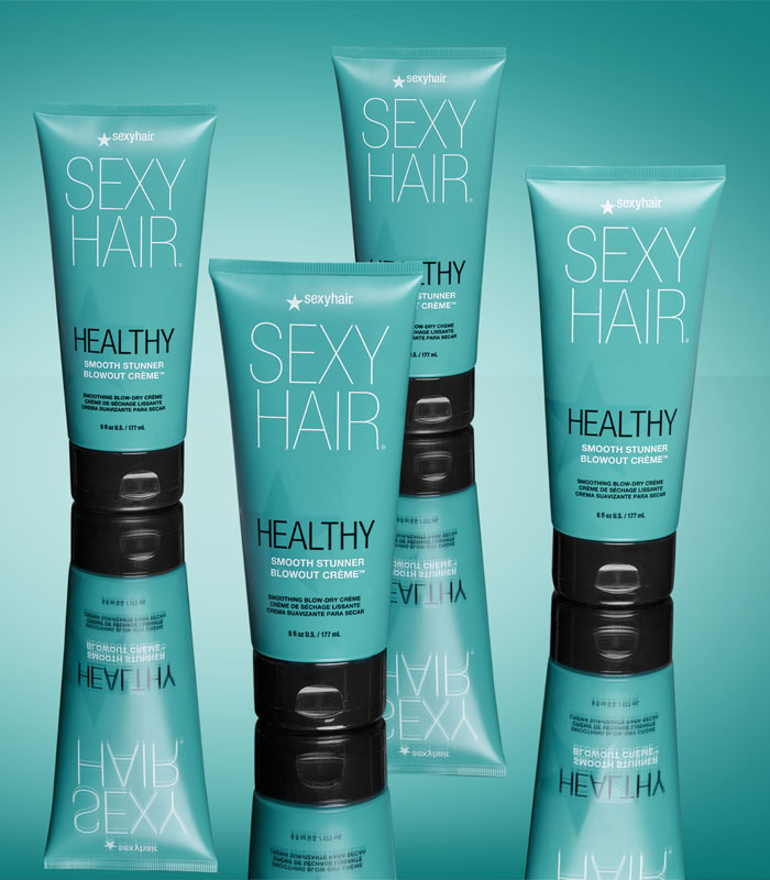 Multiple Healthy SexyHair Smooth Stunner tubes arranged on teal background