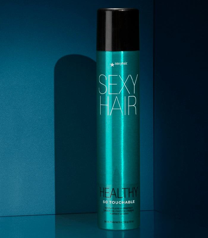 Healthy SexyHair So Touchable weightless hairspray on teal background