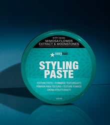 Healthy SexyHair Styling Paste texture paste jar on teal background