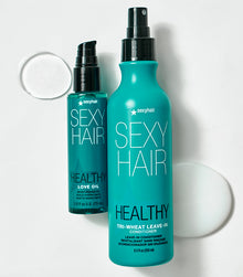 Healthy SexyHair Tri-Wheat Leave-In Conditioner and Love Oil bottles with samples