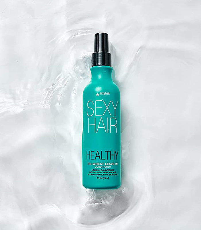 Healthy SexyHair Tri-Wheat Leave-In Conditioner on white background with water