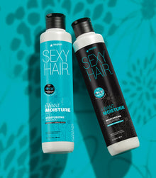I Want SexyHair Moisture shampoo and conditioner bottles on turquoise background