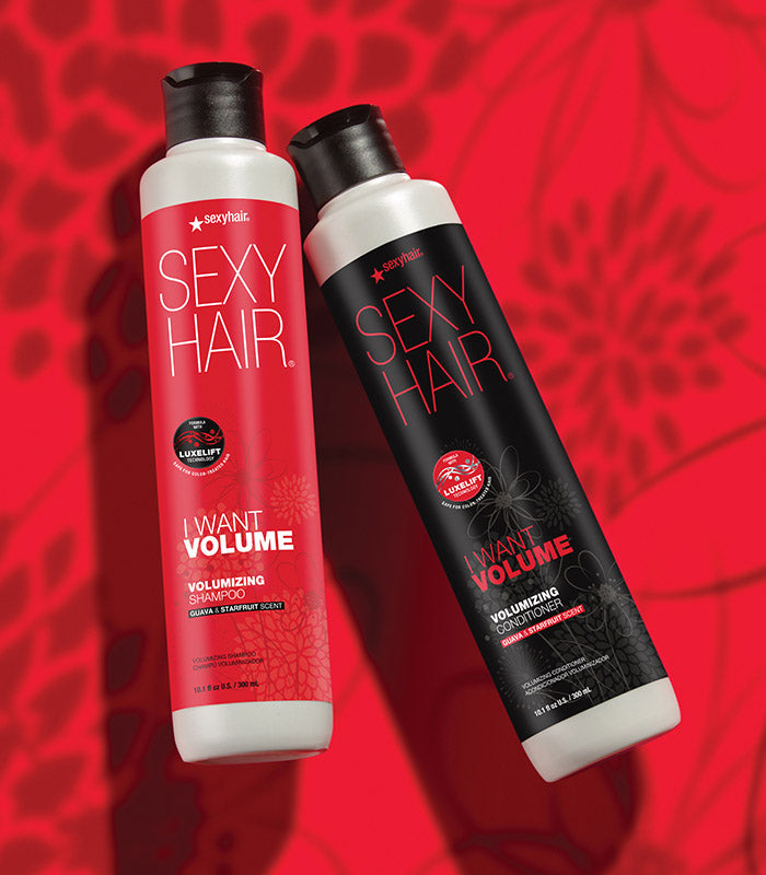 I Want SexyHair Volume shampoo and conditioner bottles on red background