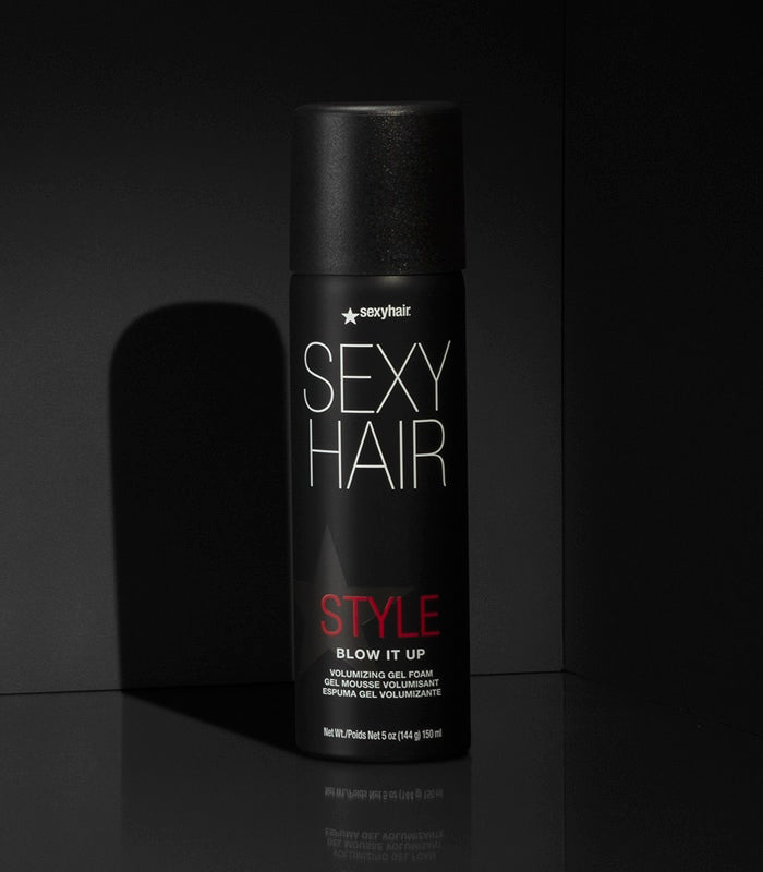 Style SexyHair Blow It Up volumizing gel foam product displayed on dark background