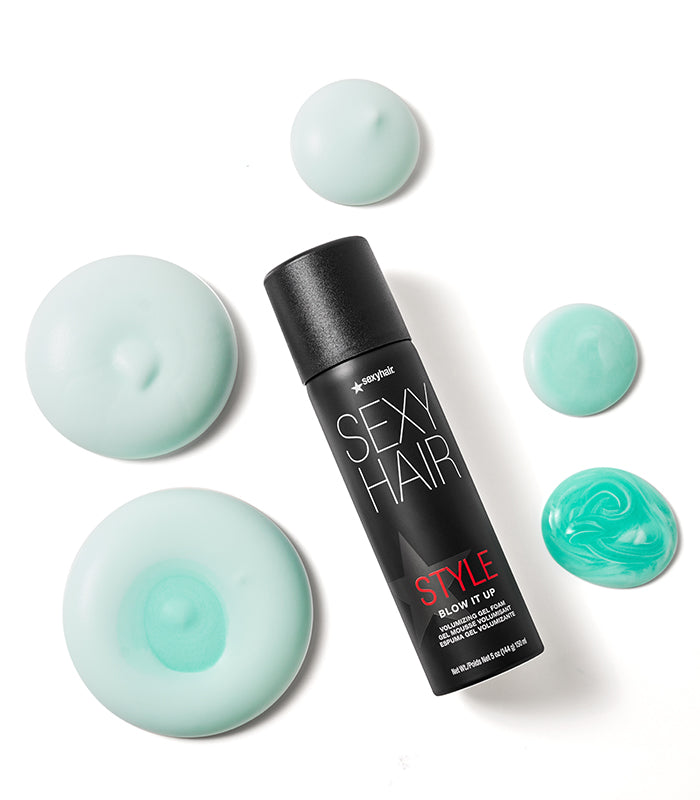 Blow It Up volumizing foam texture swatches in varying mint green shades on white surface