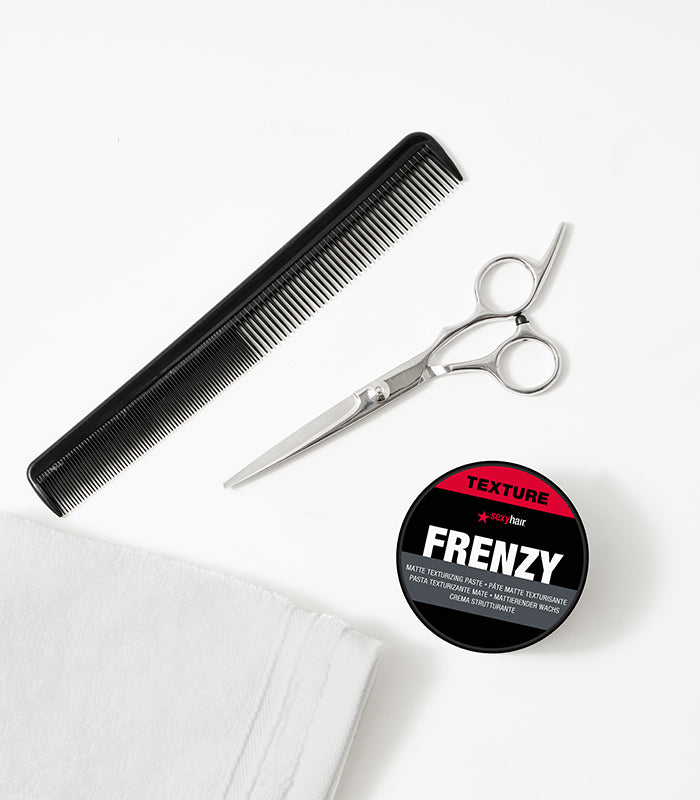 Style SexyHair Frenzy matte texturizing paste displayed with professional styling tools