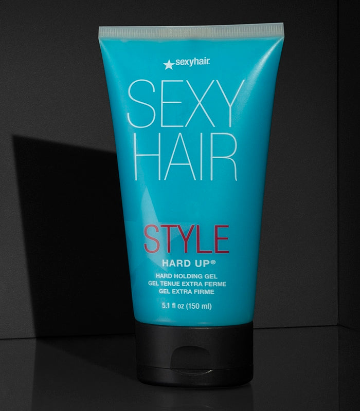 Style SexyHair Hard Up hard holding gel in turquoise tube displayed on dark background