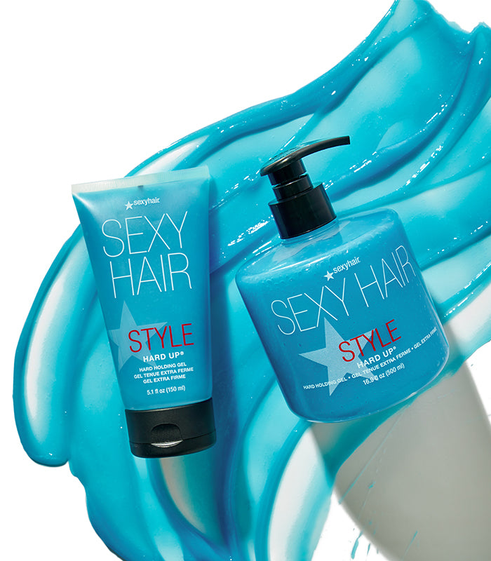 Style SexyHair Hard Up holding gel with multiple texture swatches on white surface