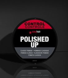 Style SexyHair Polished Up classic pomade jar displayed on dark background surface
