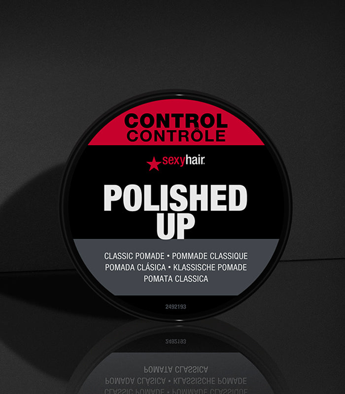 Style SexyHair Polished Up classic pomade jar displayed on dark background surface