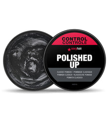 Two containers of Polished Up classic pomade showing consistency and shine appearance