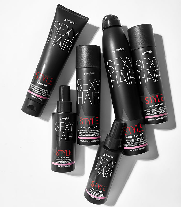 Style SexyHair thermal protection hot tool spray products arranged on surface display