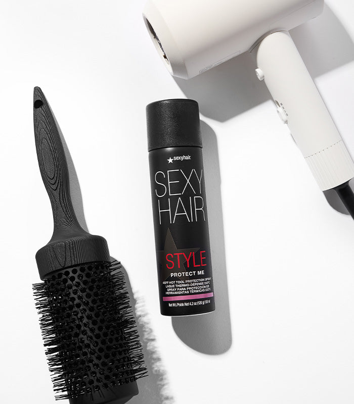 Style SexyHair Protect Me hot tool protection spray with styling brush and tools