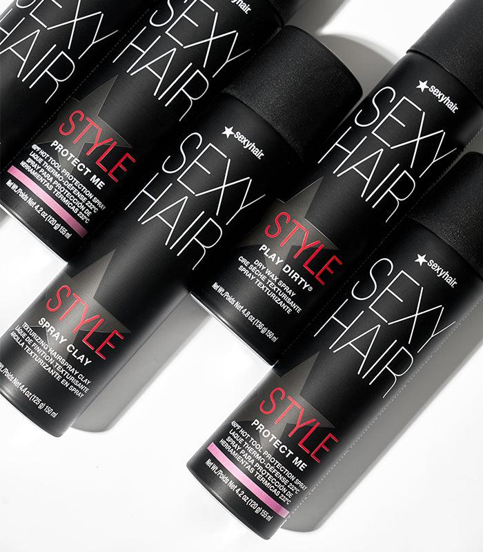 Multiple Style SexyHair thermal protection spray products collection displayed arranged