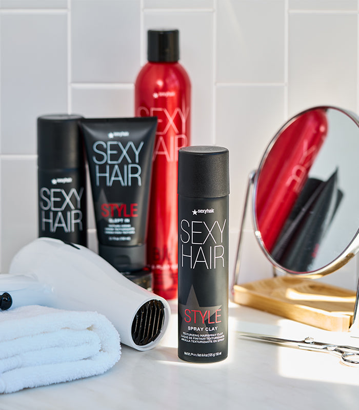 Style SexyHair styling products collection including Spray Clay hairspray spray product