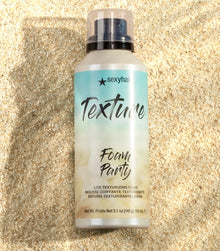 Texture SexyHair Foam Party texturizing foam canister on golden textured background